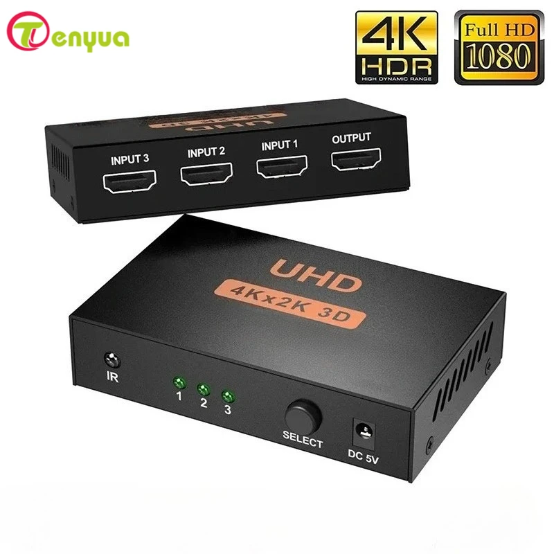 4Kx2K HD Switch 3 in 1 Out FULL HD 2160P HD Video Switcher Selector Hub 3x1 with Remote Control for DVD TV PC Laptop Monitor