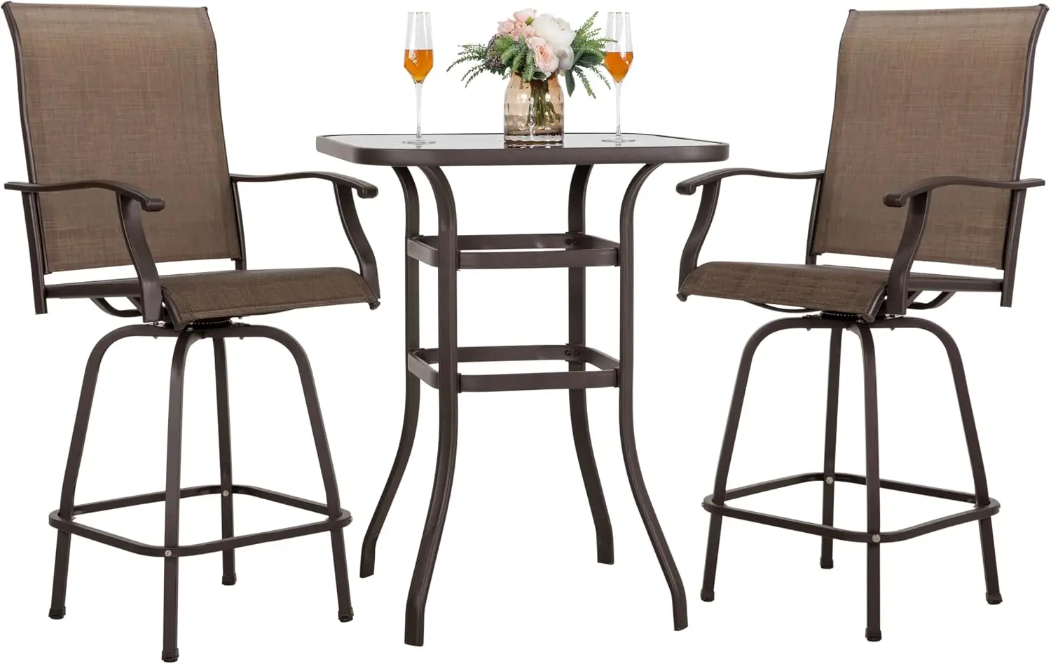 3 Piece Patio Bar Set, All Weather Mental Textilene High Stools Set Outdoor Swivel Bar Chair Set of 2 and High Silk Screen Glass