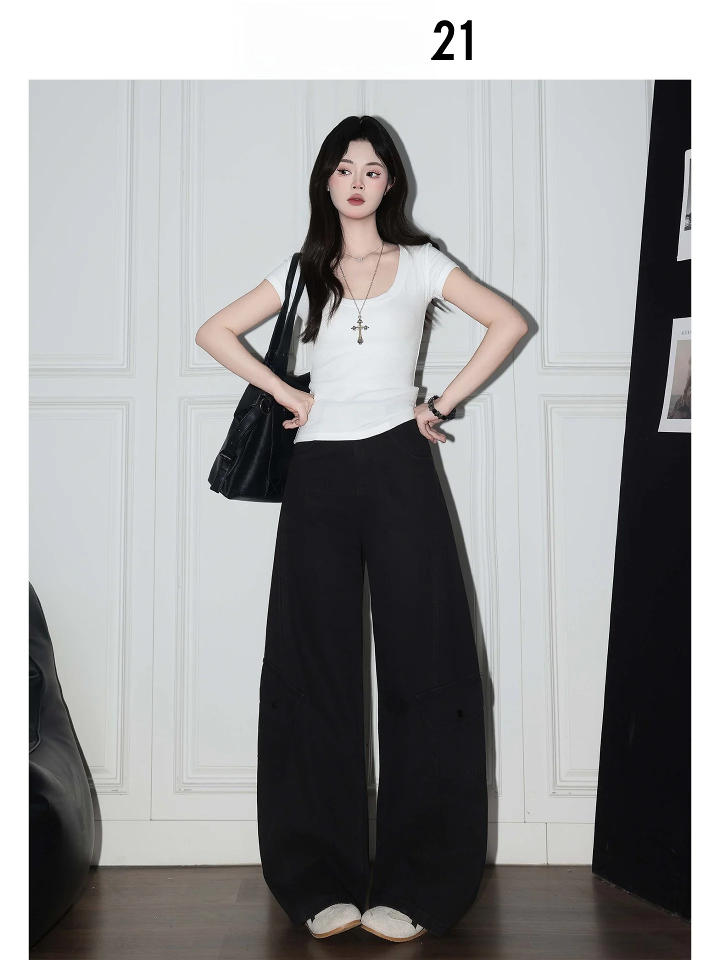 Pantalones vaqueros holgados de trabajo Forever 21 High Street para mujer, estilo americano, de pierna ancha, caída fluida, cintura alta, tipo cuchillo