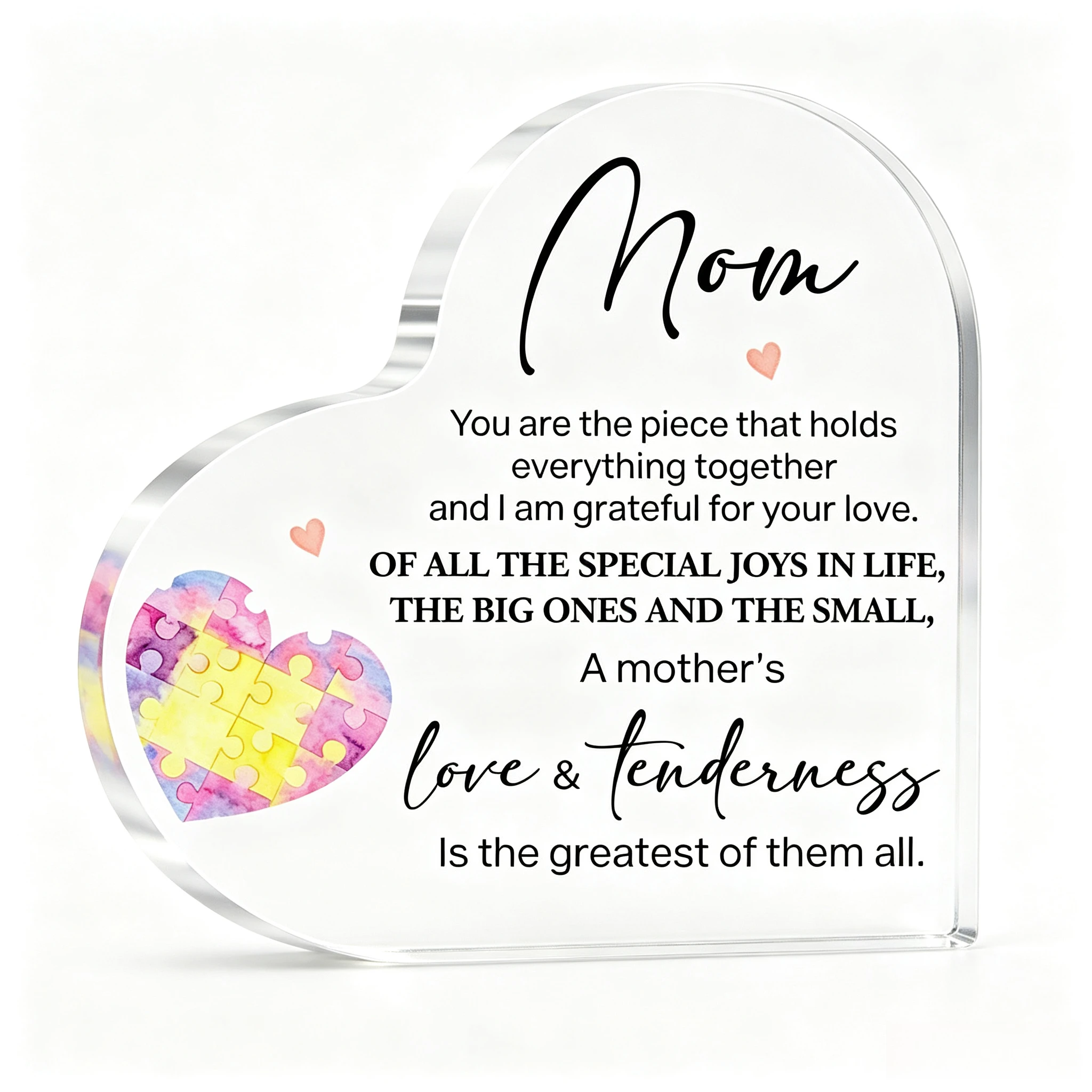 Mom Heart‑Shaped Acrylic Tabletop Plaque, Watercolor Puzzle‑Heart Mother’s Day Sentimental Desk Keepsake Gift