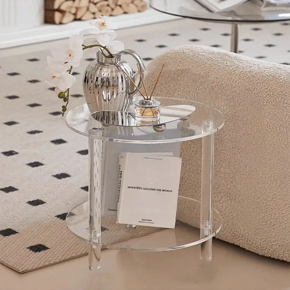 

Acrylic Round Coffee Table, Easy To Assemble DoubleLayer With Storage Shelf, 11.81 15.75in Wide 13.77in High, Modern Center Tab