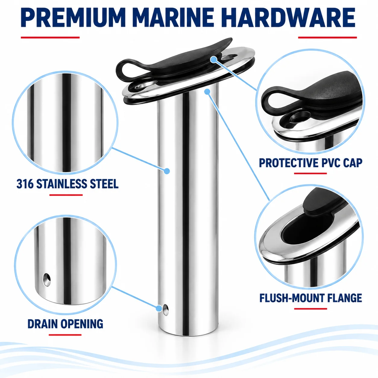 15/30/90 Degree Yacht Hardware Accessories 316 Stainless Steel Fishing Rod Socket Fishing Rod Holder with PVC Cap for Boat Marin
