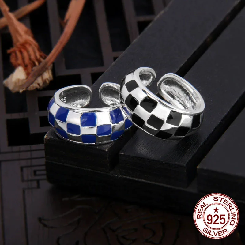 S925 sterling silver ring with black and white checkerboard pattern  Design for Light Luxury  Fashion personality  Couples