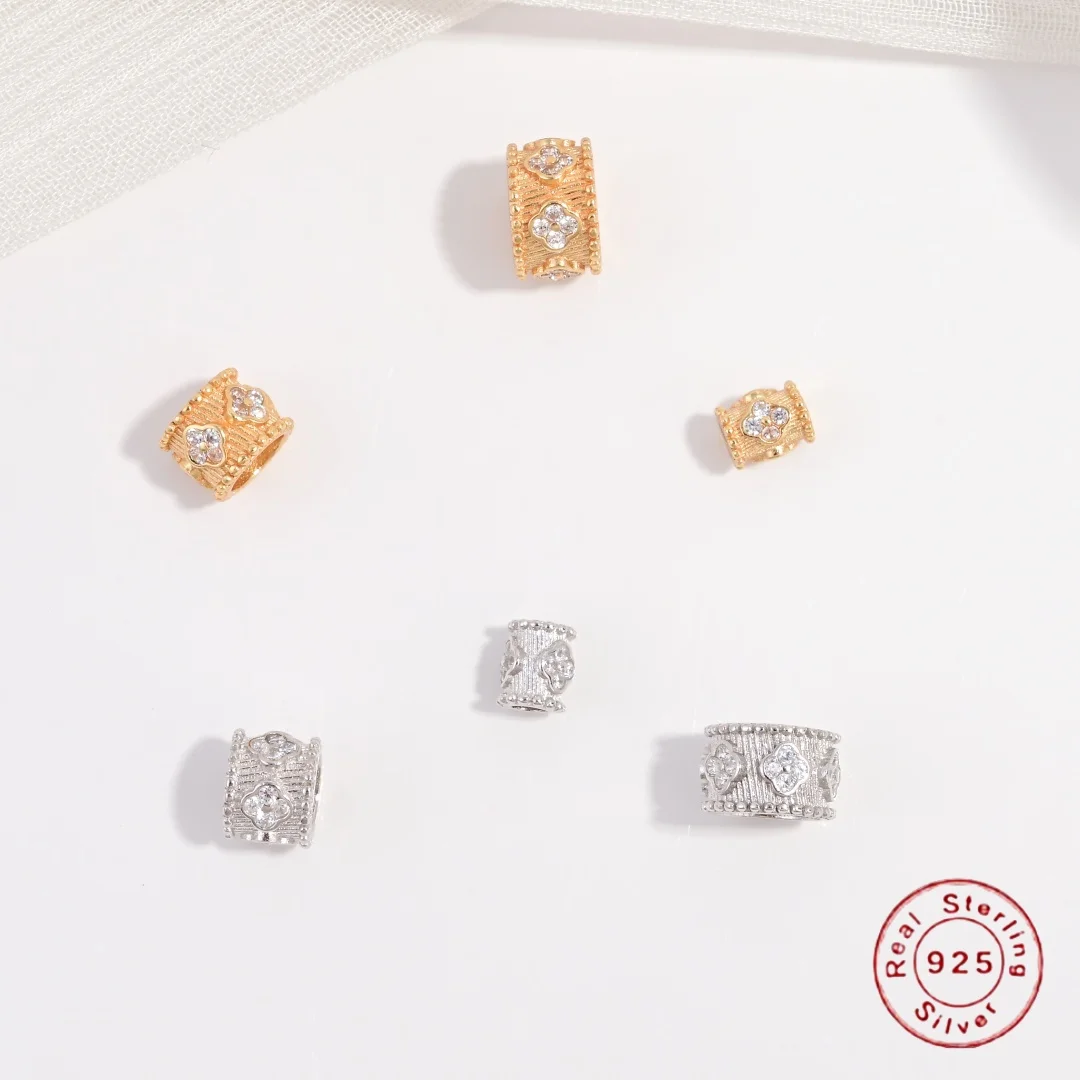 S925 Sterling Silver Four-Leaf Clover Inlaid Zircon Spacer Beads, DIY Handmade Bracelet & Necklace Beading Accessories SZ219