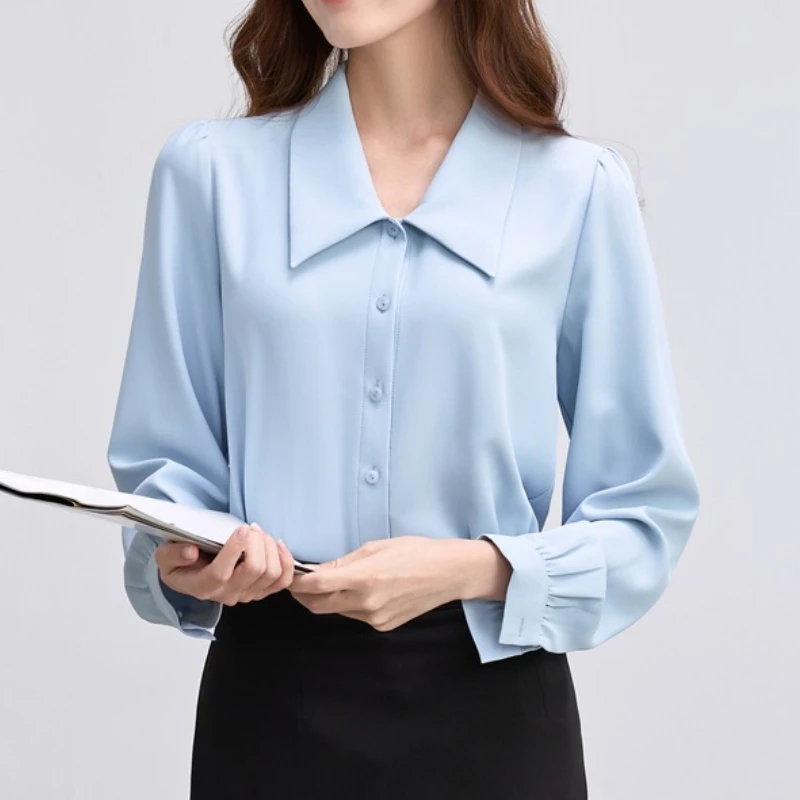 2025 moda feminina manga longa simples sólido topos primavera outono casual chiffon camisa feminina senhora do escritório blusa elegante
