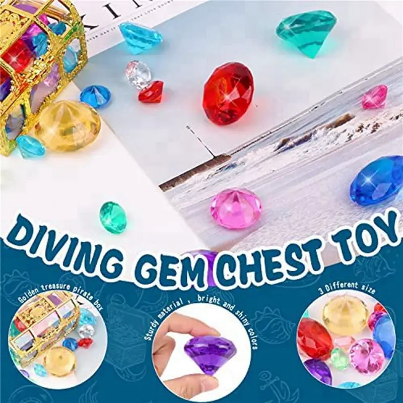Excellent-24Pcs Diving Gem Pool Include Colorful Diamonds Set Dive Treasure Chest Underwater Swimming Gem Pirate Bo