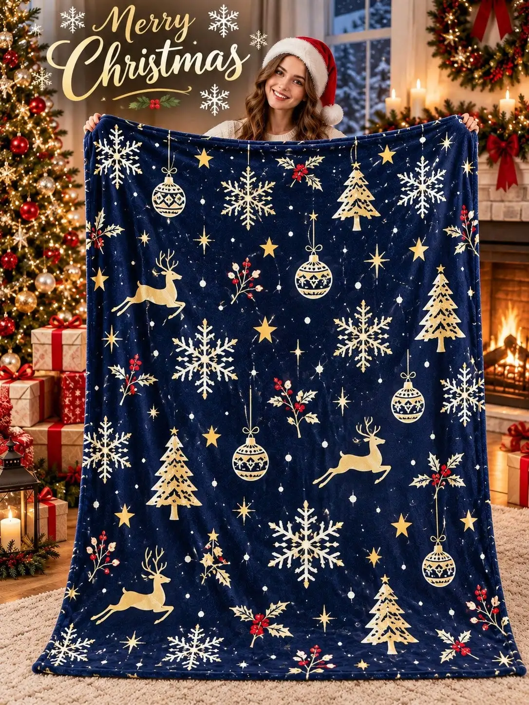 Christmas Flannel Blankets & Throws Reindeer Snowflake Ornament Tree Star Holly Winter Home Decor Sofa Couch Bed Living Room Bedroom Reading Nap Lounge Office Indoor Gift for Family Friends Anniversary Housewarming Seasonal Holiday Party Apartment