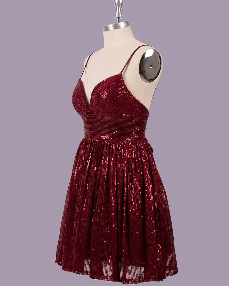 Vestidos de baile personalizado lantejoulas vinho vermelho curto vestido de baile, vestido de noite vintage acima do joelho, mini vestidos de cocktail