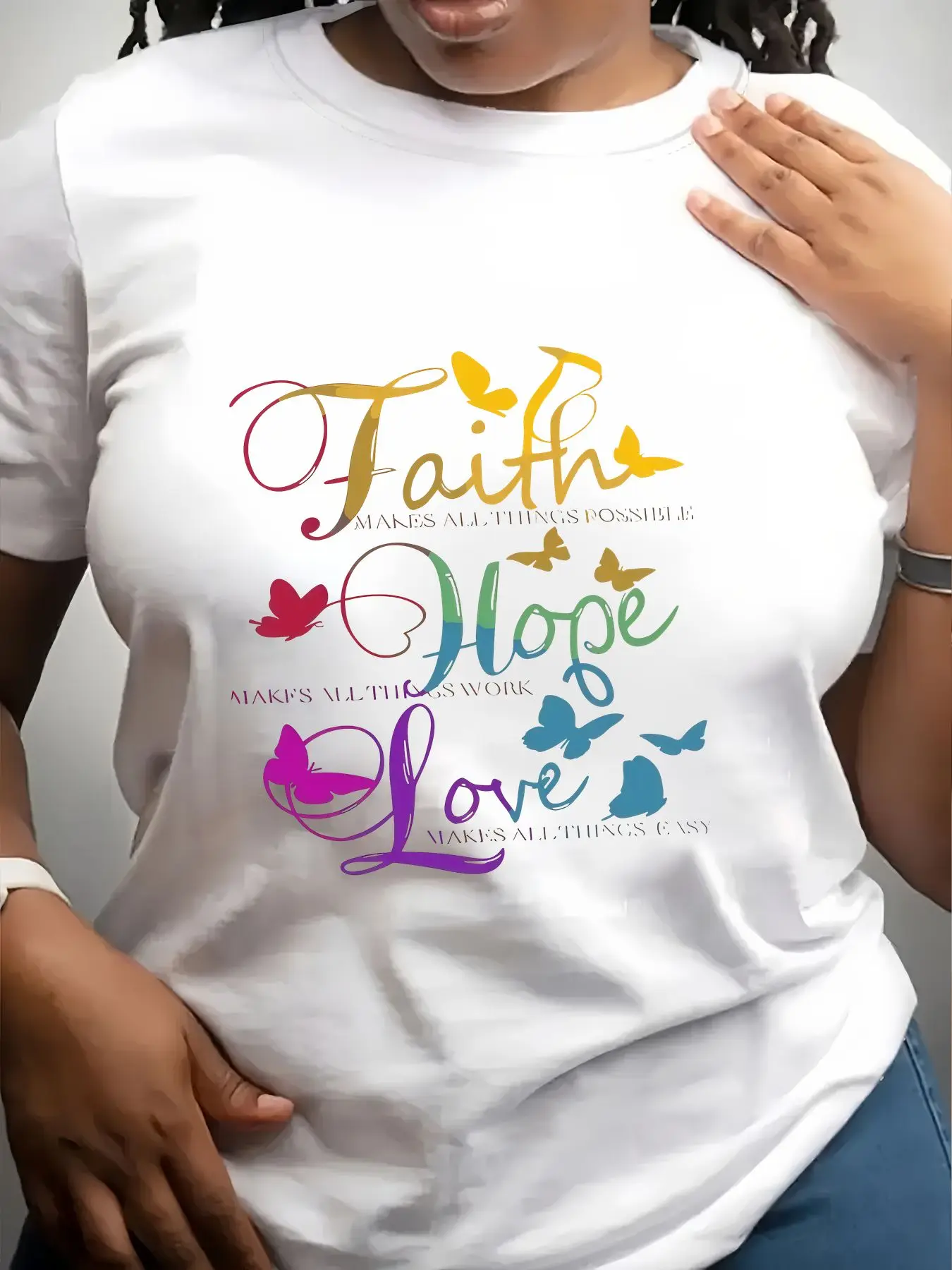 Women's Trendy Crew Neck T-Shirt Faith Hope Love Butterfly Print Suitable for Casual Sportswear