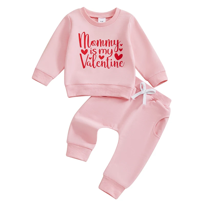 Baby Girl Valentine’s Day Outfits Long Sleeve Letter Sweatshirt Pocket Pants Set Toddler Clothes