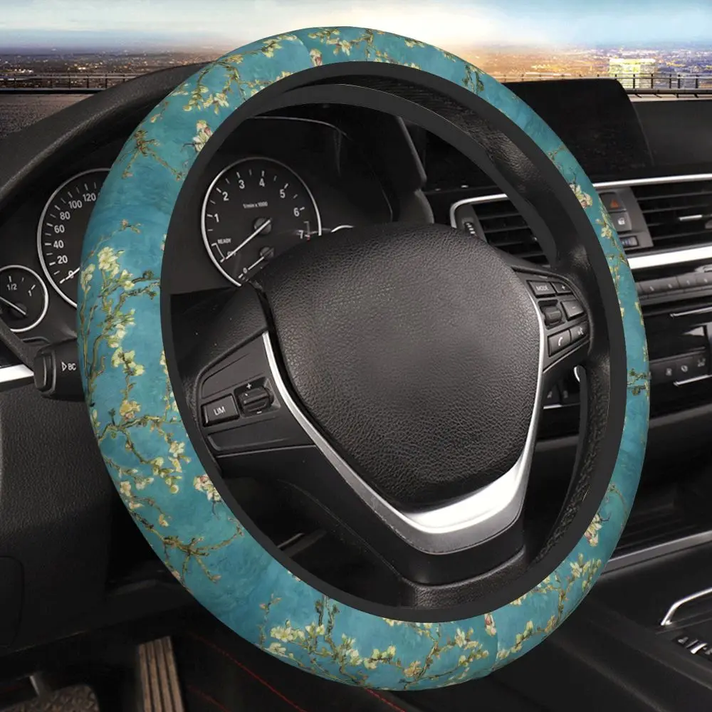 Van Gogh Almond Blossom Green 15 Inch Car Elastic Thickened Steering Wheel Cover Anti Slip Car Cover Fun Steering Wheel