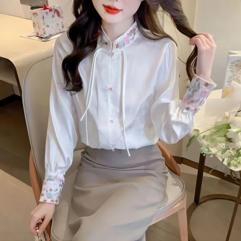 Spring Autumn New Fashion Stand Collar Long Sleeve Button Blouses Women\'s Clothing Chinese Style Embroidered Vintage Chic Shirts