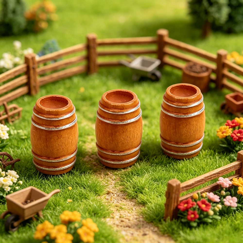 3 barriles de madera en miniatura, accesorios para bebidas de casa de muñecas, modelo de figurina para jardín de hadas, bar, decoración de micropaisaje