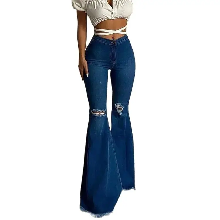 Flare Pants Ripped Raw Edge Butt-Lifting HighWaisted Large Size American Retro 2024 Spring Summer For Woman Flared Women'S Jeans