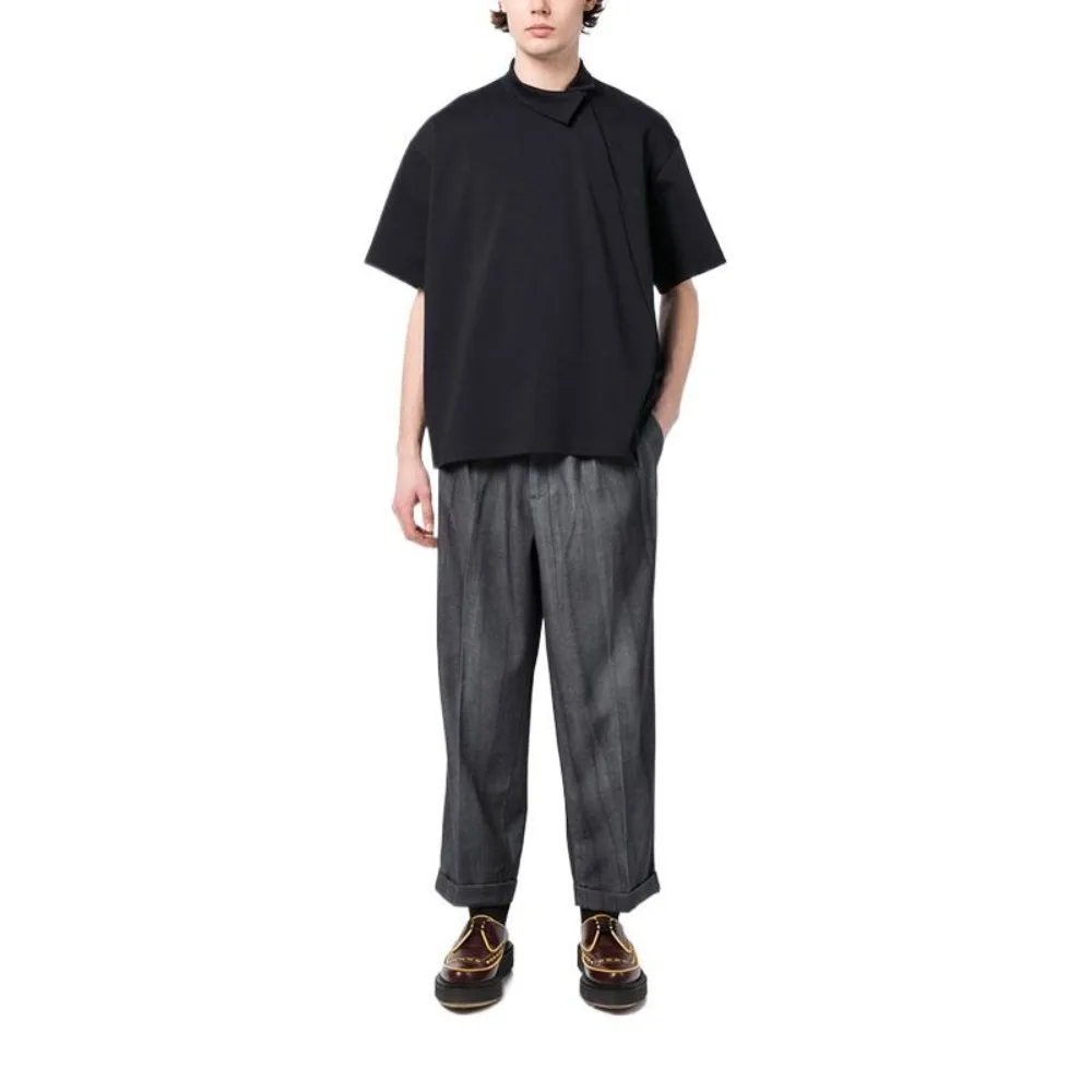 Japanese Fashion KOLOR Black Wrapped Collar T-shirt with Center Opening Shirt for Men