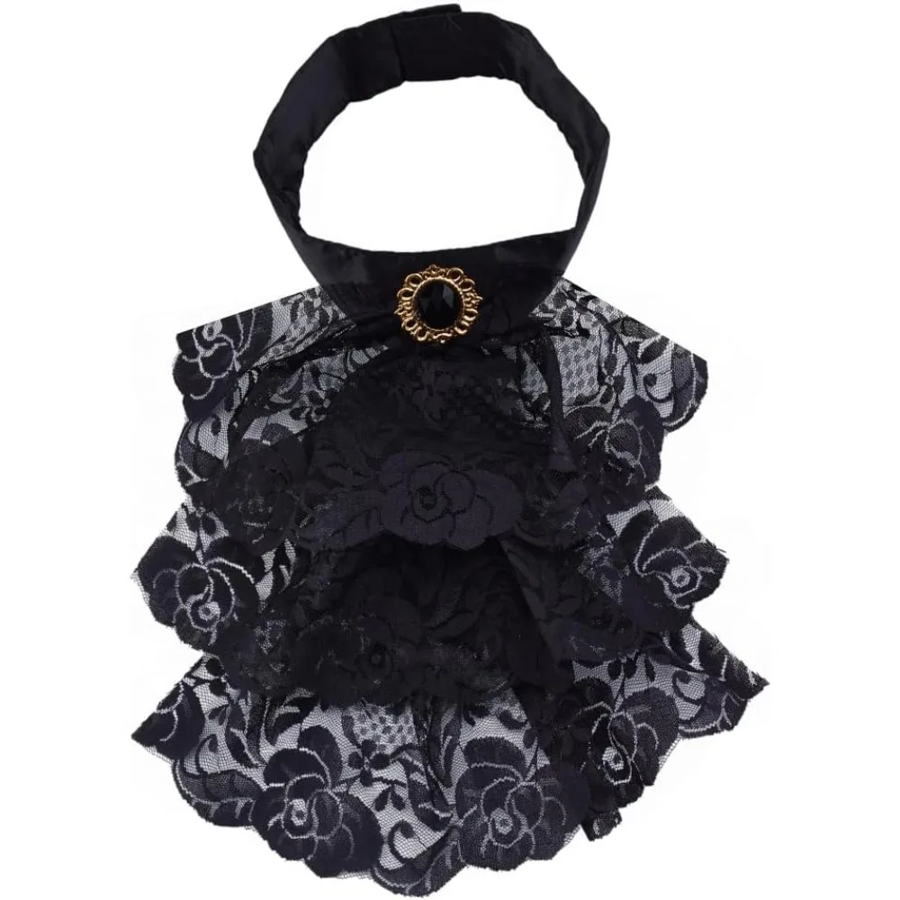 1 Pieza Cuello Jabot de Encaje Vintage, Corbata Jabot Desmontable con Volantes, Cuellos Coloniales Negros, Accesorios para Disfraces Renacentistas