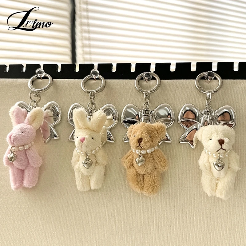 Ins Style Pearl Bear Key Chain Plush Bunny Bowknot Phone Pendant Headphone Case Charm Bag Decor Car Key Ring