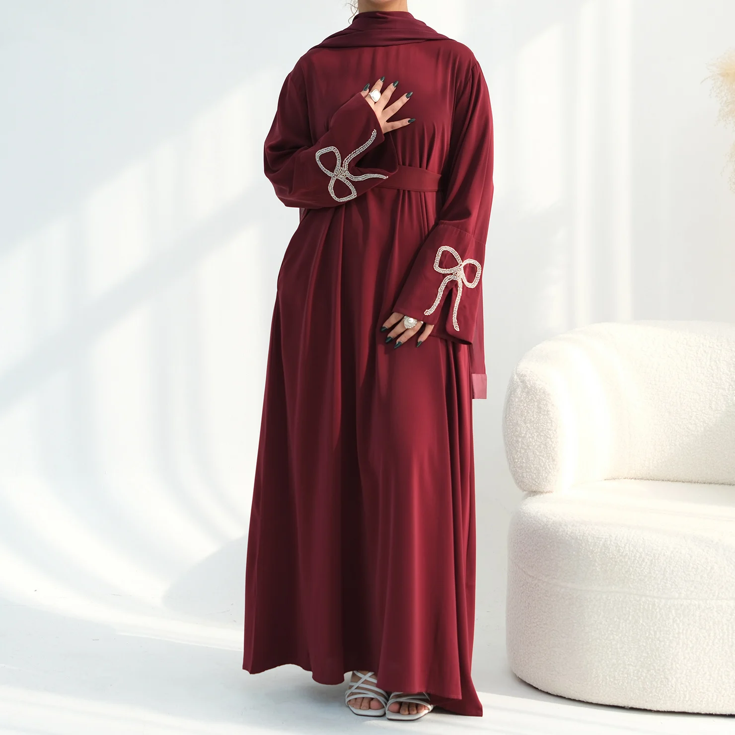 Diamonds Bow Accent Relaxed-Regular-Fit Sleek Dubai Abaya Muslim Long Women Dress Islam Hijabi Robe-Round Neck, Side Pockets