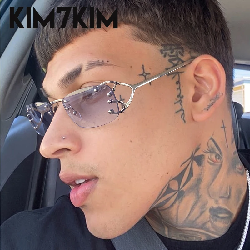Small Rectangle Rimless Sunglasses Men 2026 Luxury Brand Designer Y2K Punk Metal Frame Sun Glasses Frameless Driving UV400 Shade