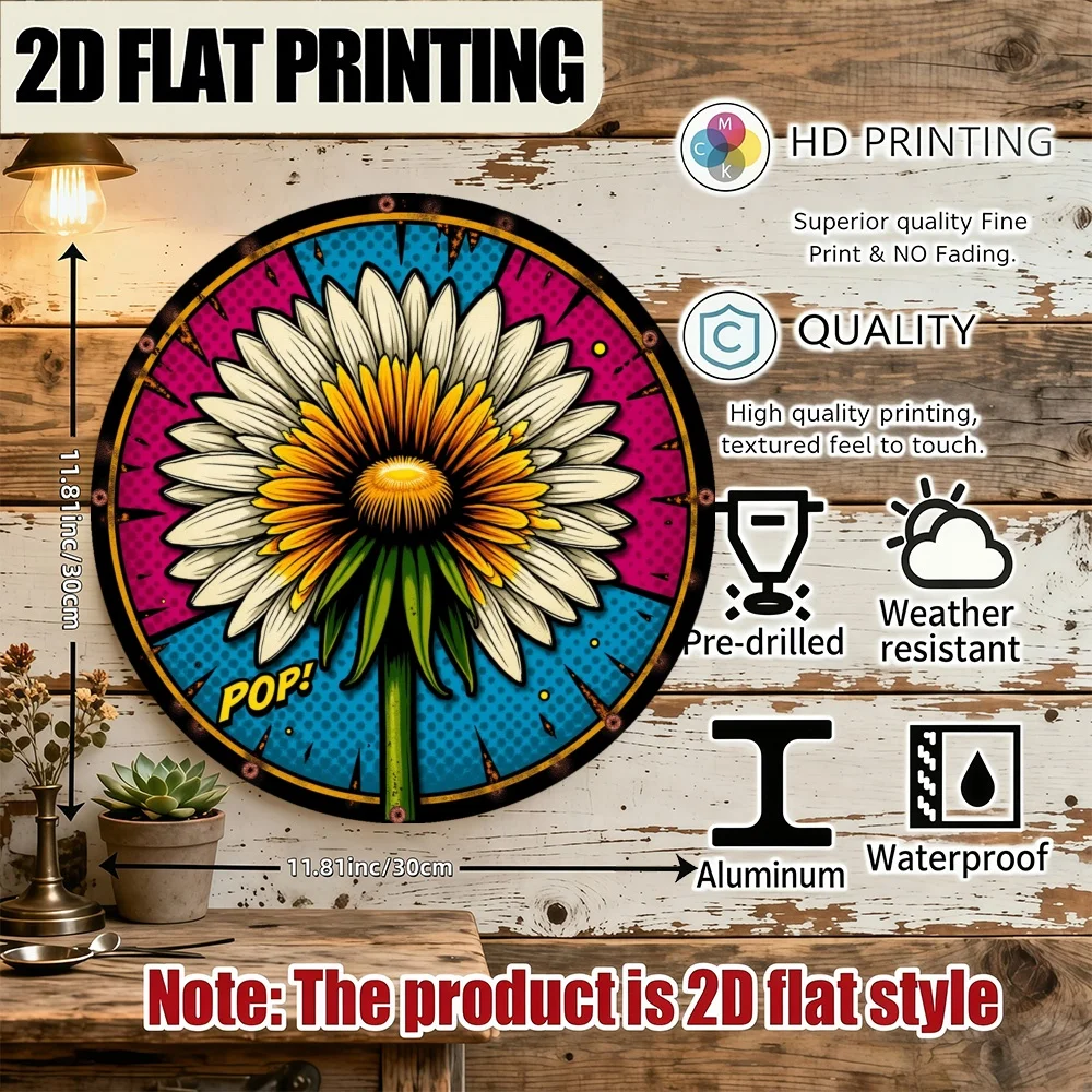 Luckygoo 2D Round Metal Wall Art, 11.81x11.81 Inch Vintage Daisy Floral Decor, Inspirational Faith Sign for Cafe Office Kitchen,