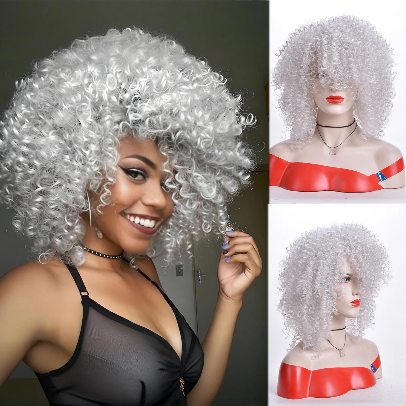 Fashion Women Synthetic Wig Short White African Roll Wig African Women Party Bangs or cosplay Wig for Everyday