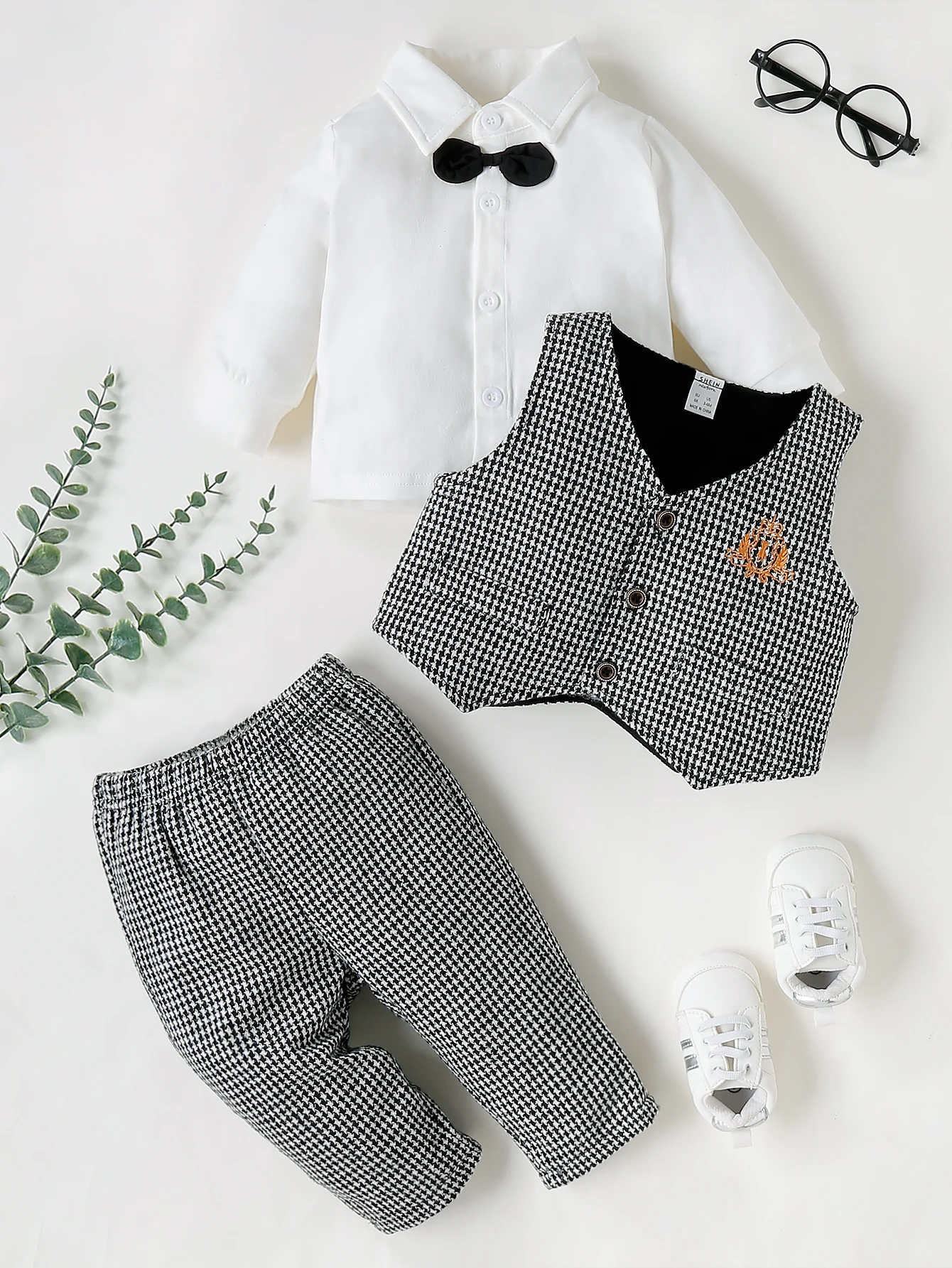 3 Pcs/Set Set Spring and Autumn Elastic Soft Baby Boys Black and White Plaid Gentleman Bow Tie Suit Knitted Child Accessories