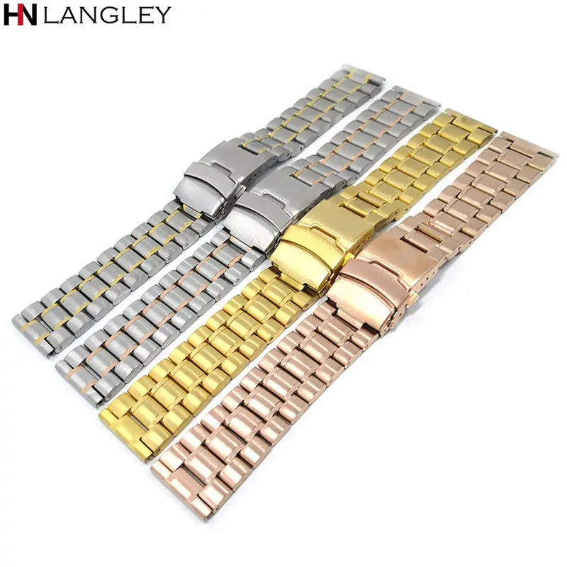 18 20 22mm 24mm Stainless Steel Watch Strap Arc End Steel Bracelet Insurance Folding Buckle Men Universal Replacement Watchband