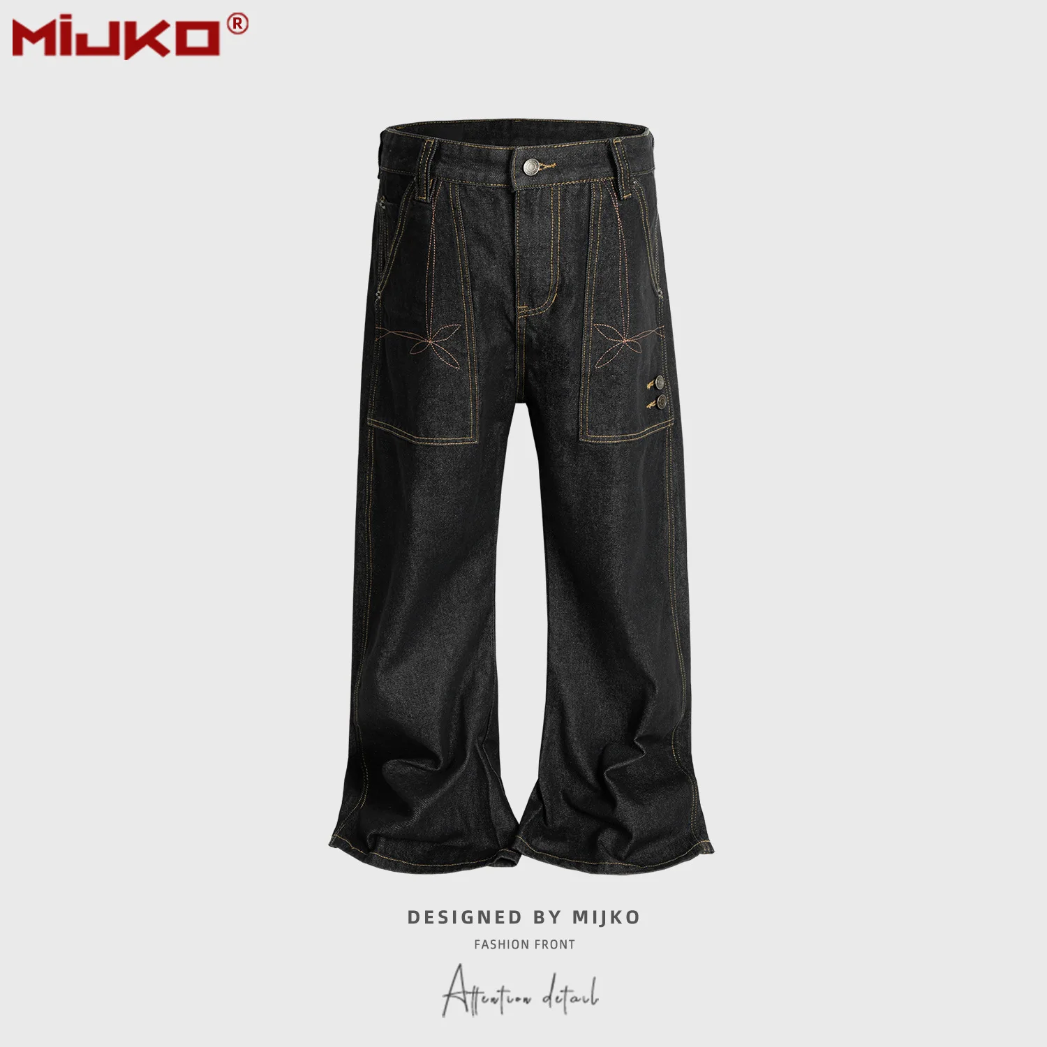 MIJKO Unisex Deconstructed Patchwork Jeans Flared Embroidered Accent Topstitch Black Pants G6826#