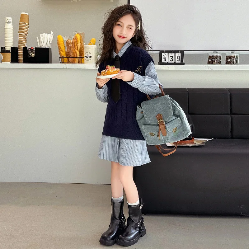 

Korean Autumn Children Girls Two-piece Sets Junior Girl Striped Turn Down Collar Dress Teenager Girl Knitted Vest Kid Girls Suit