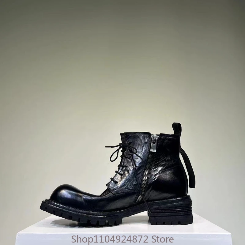 

Men's boots Genuine Leather Riding Boots British Vintage Thick Sole Motorcycle Desert boots Male High Top Walking Safety Shoes