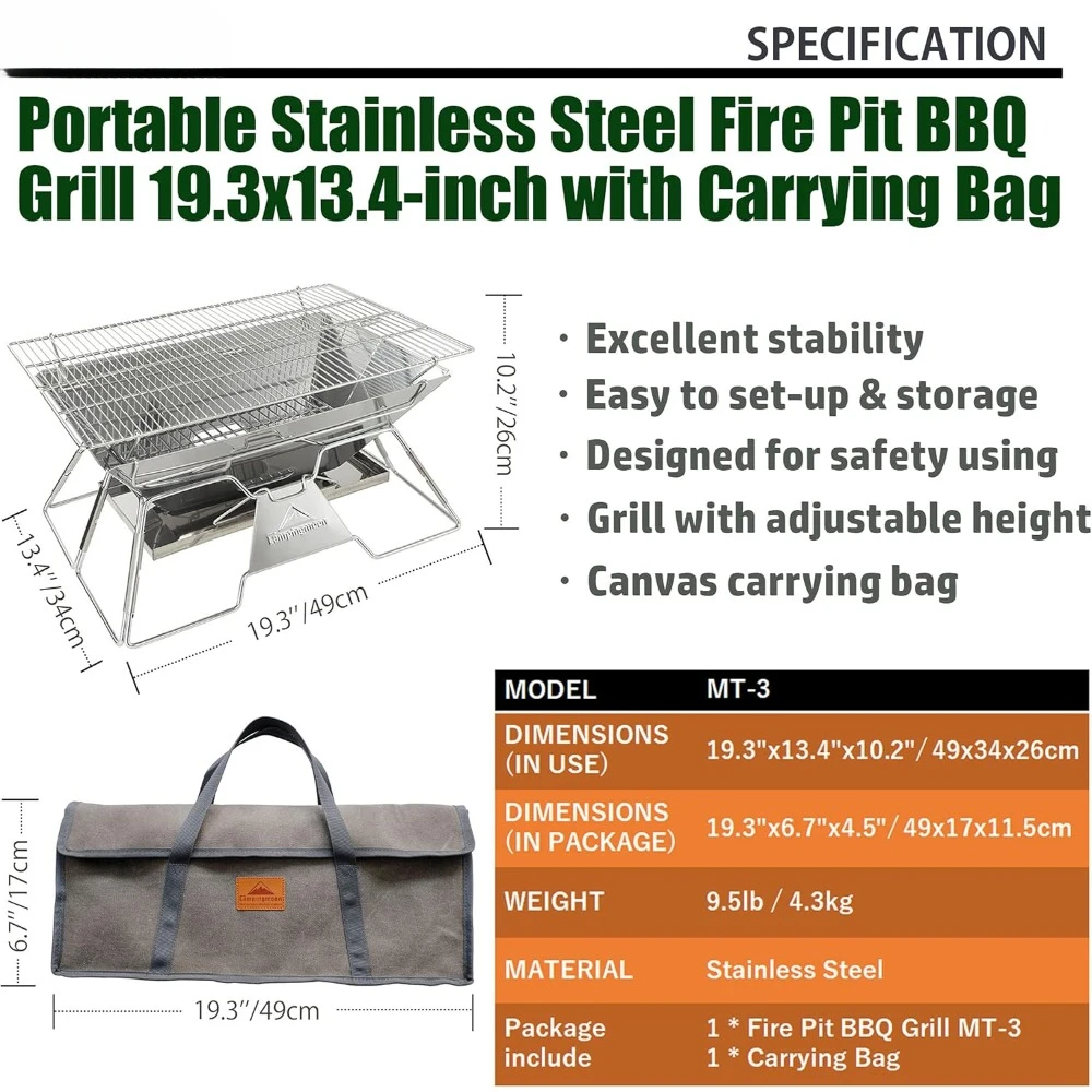 Portable Camping Fire Pit, Stainless Steel, Foldable Barbecue Grill, Wood Burning Charcoal, with Portable Bag, 20x13 Inch