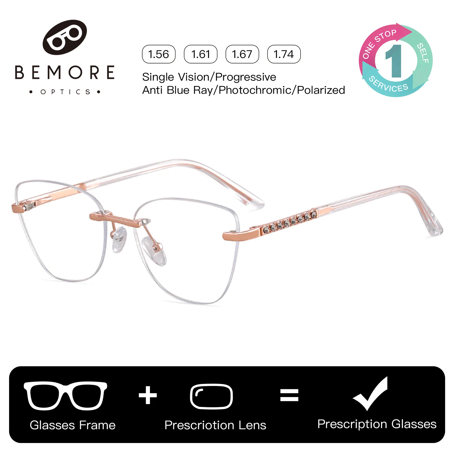 

BEMORE Cat Eye Rimless Prescription Glasses Woman High Quality Anti-Blue Ray Photochromic Progressive Eyewear