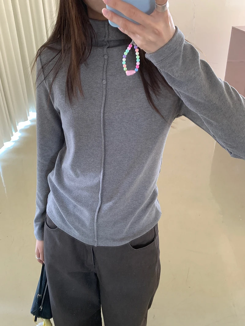 

Cashmere double-sided high neck button decoration base shirt, women's top, soft T-shirt