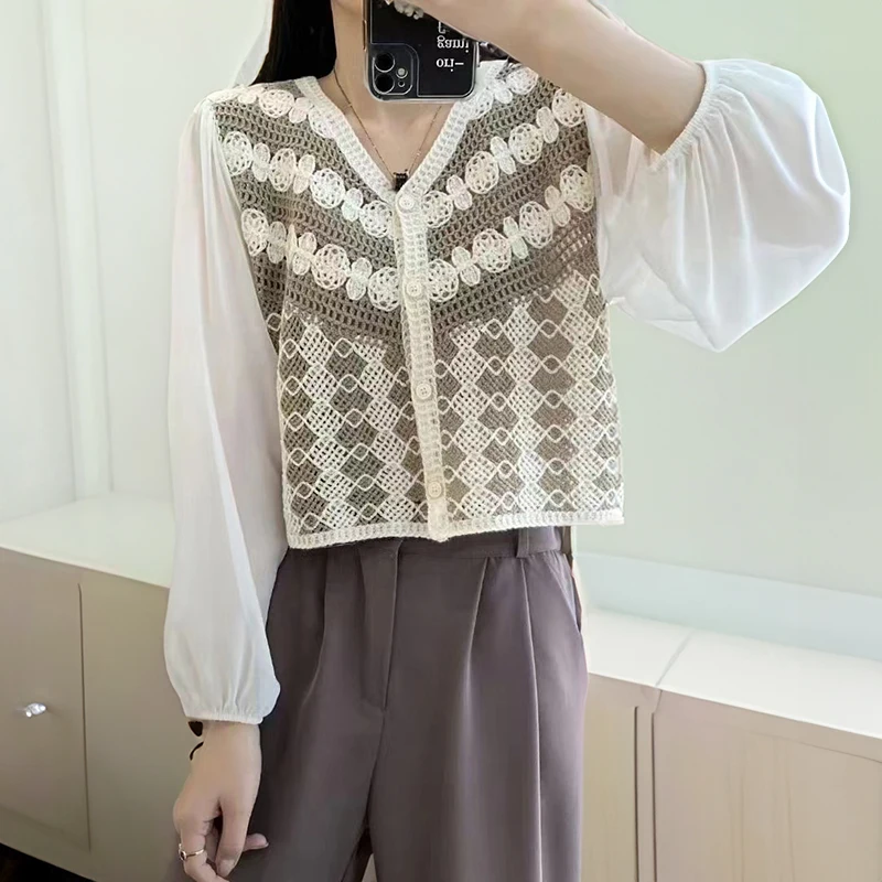 Long Sleeve Crochet Knit Top Geo Embroidery Button Front Sheer Open-knit Shirts Woman Blouses Summer Fairycore Outfit