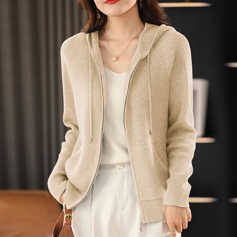 Feminino outono inverno lã mistura camisola com capuz gola engrossar malha zíper cardigan com base de bolso Casaco feminino superior