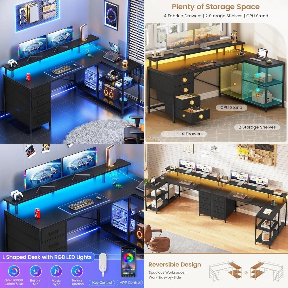 

Черный угловой стол с местом для хранения, 4 ящиками, светодиодной подсветкой и розетками для домашнего офиса и игр