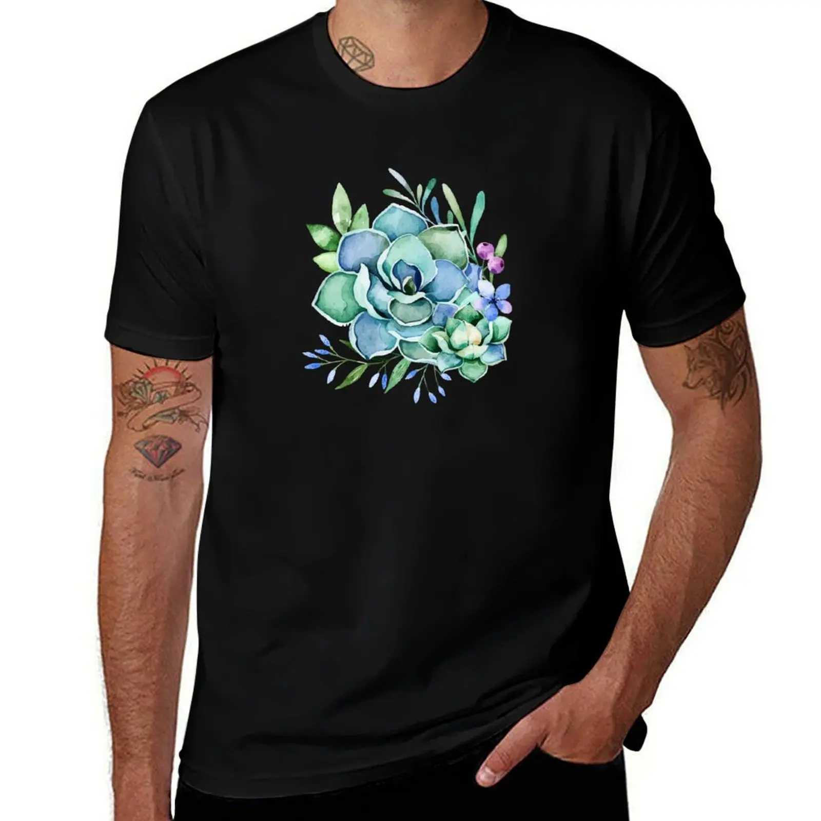 Watercolor Succulent T-Shirt Basic Casual Wear Short Sleeve Top