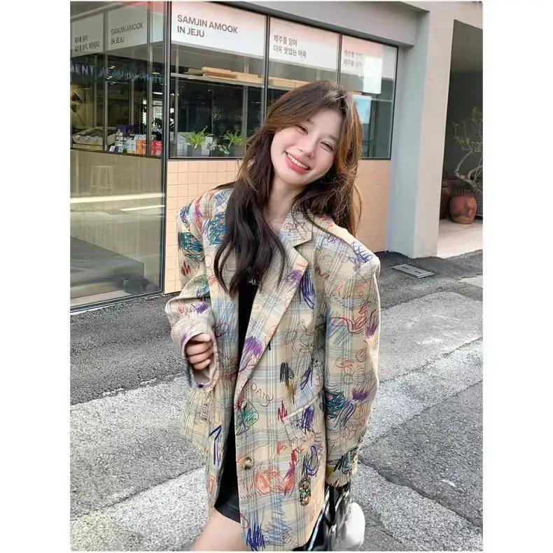 Nova graffiti impressão elegante jaqueta casual feminina blazer manga longa único breasted bolso fino entalhado senhora do escritório Пиджак Ж misceukan