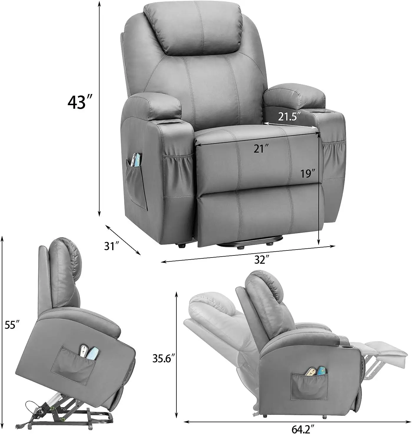 Power Lift Recliner Chair PU Leather for Elderly with Massage and Heating Ergonomic Lounge Chair Classic Single Sofa wi