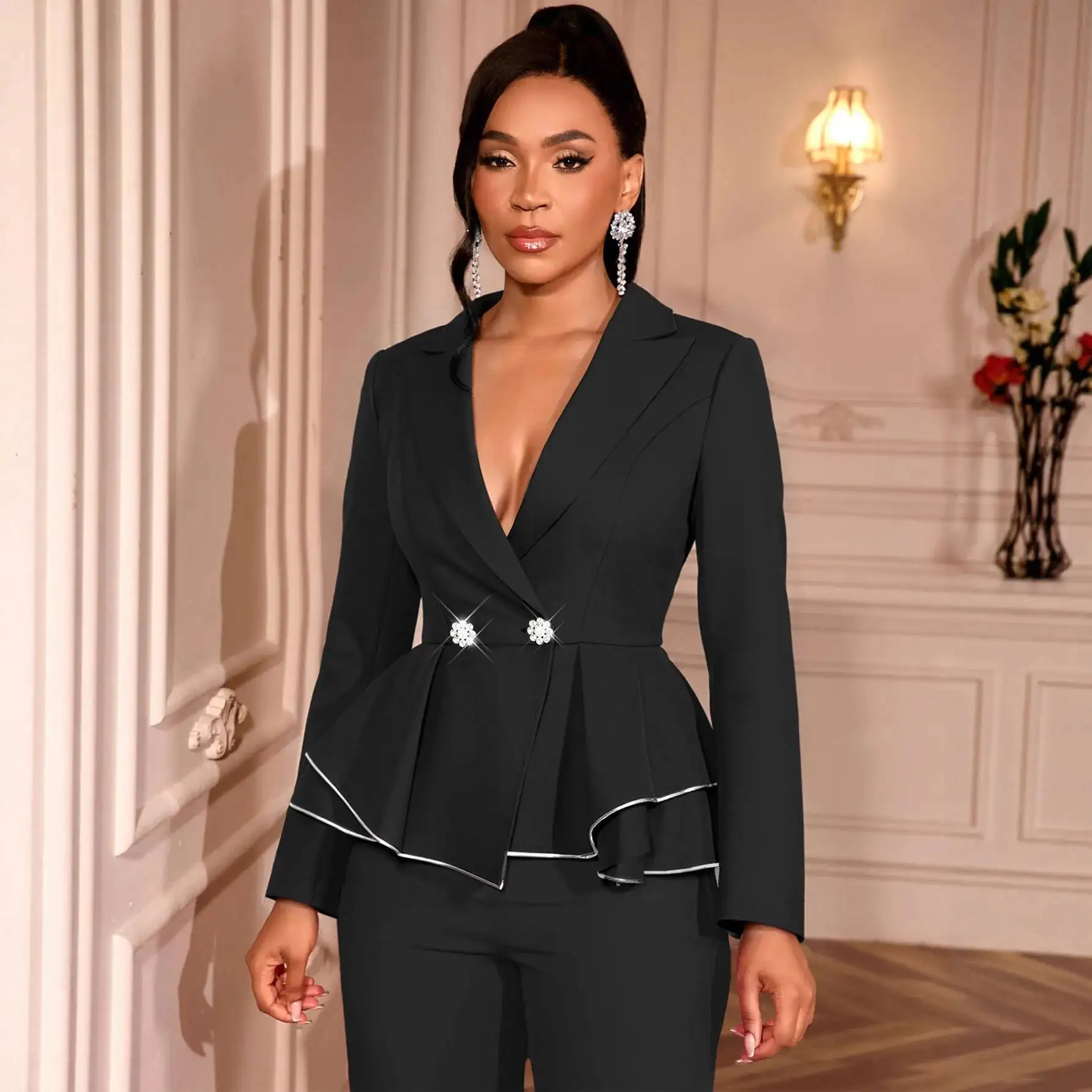 

Lapel Double-Breasted Long Sleeve Blazer Irregular Ruffle Contrast Waist Casual Small Blazer Coat
