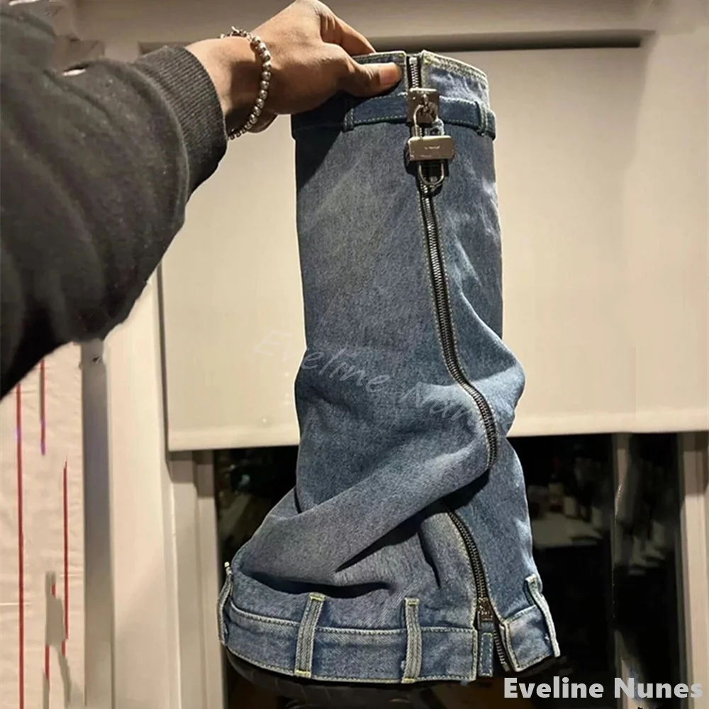 Shark Round Toe Cowboy Boots Women Fashion Platform Side Zipper Belt Buckle Trouser Boots 2024 New Boots for Parties Catwalk