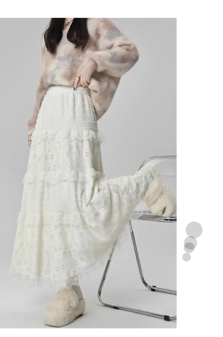 Gentle Wind High Waist A-Line Lace Splicing Long Skirt Women's Fairy Tale Cake Skirt Mid-Length Midi Skirt for Autumn Winter