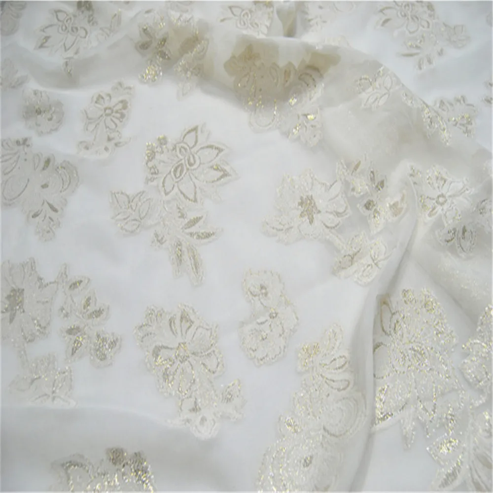 Beautiful Popular Woven Silk Metallic Fabric Safe Golden Flowers 145cm Natural White for Lining Shawl Skirt