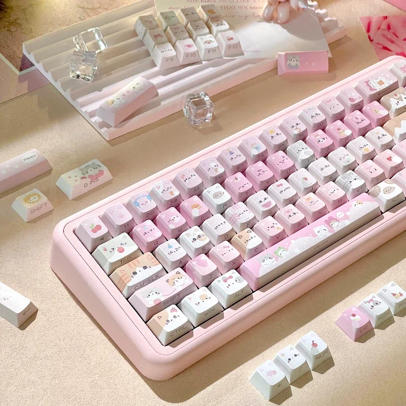 Cat Meow Team Keycaps Custom PBT Cherry Profile Keycap Side Carving Transparent Mechanical Keyboard Tri-mode RGB Hot-swap Gasket