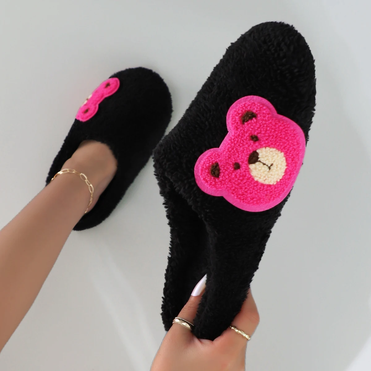 Cute Cartoon Embroidered Bear Plush Silent Soft-Soled Women's Home Slippers Floor Socks Slippers