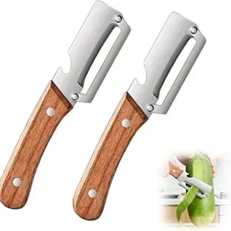 2 PCS Premium Vegetable Peeler Set Stainless Steel Blade with Wooden Handle Kitchen Tool for Fruit Apple Potato Pumpkin Papaya Zucchini Includes Bottle Opener