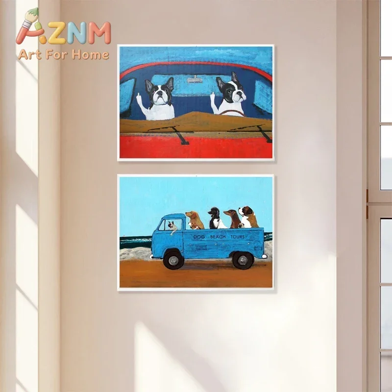 AZNM Funny Dogs Driving Car Canvas Wall Art Frameless Colorful Cartoon Animal Beach Theme Print Poster for Home Living Room Wall