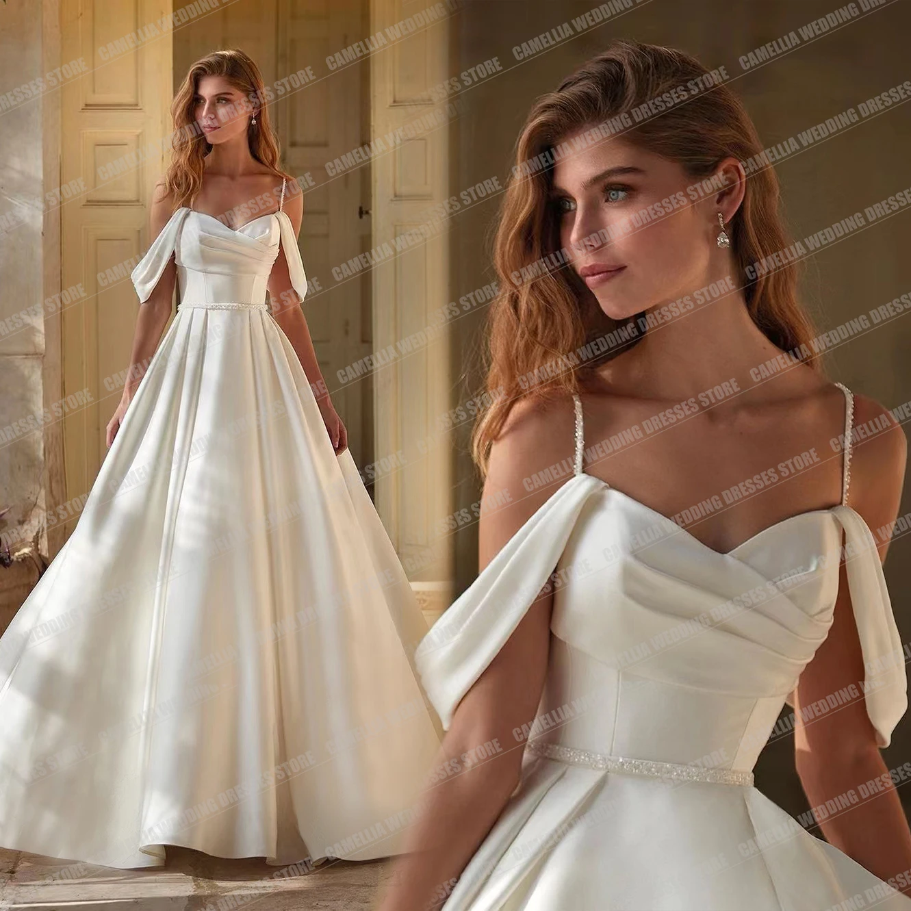 Mulheres elegantes sexy fora do ombro vestidos de casamento, simples linha A, vestidos de noiva, cintas de espaguete formais, cetim