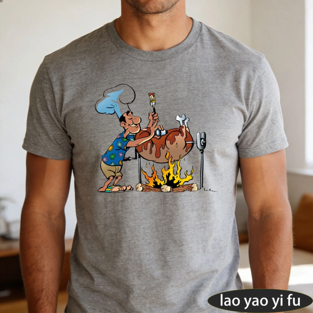Cartoon Chef Basting Roasted Pig Open Flame BBQ Graphic Men Summer T Shirt Vintage Barbecue Art Casual Short Sleeve Tee