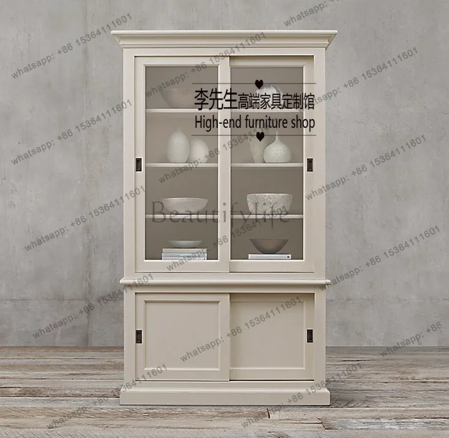 French ivory white old sliding door dining side cabinet oak glazed sliding door bookcase